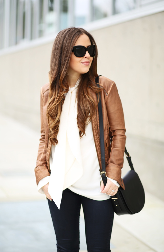 perfect cognac bomber and cream blouse