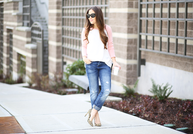 pink baseball tee denim leopard heels