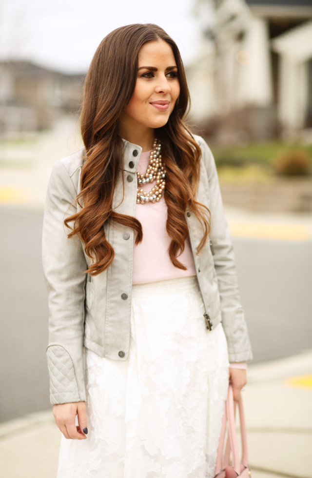 pink sweater white skirt gray leather jacket