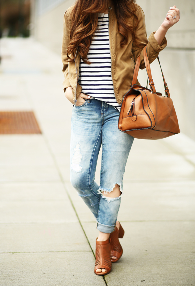 stripes and distressed jean peep toe booties