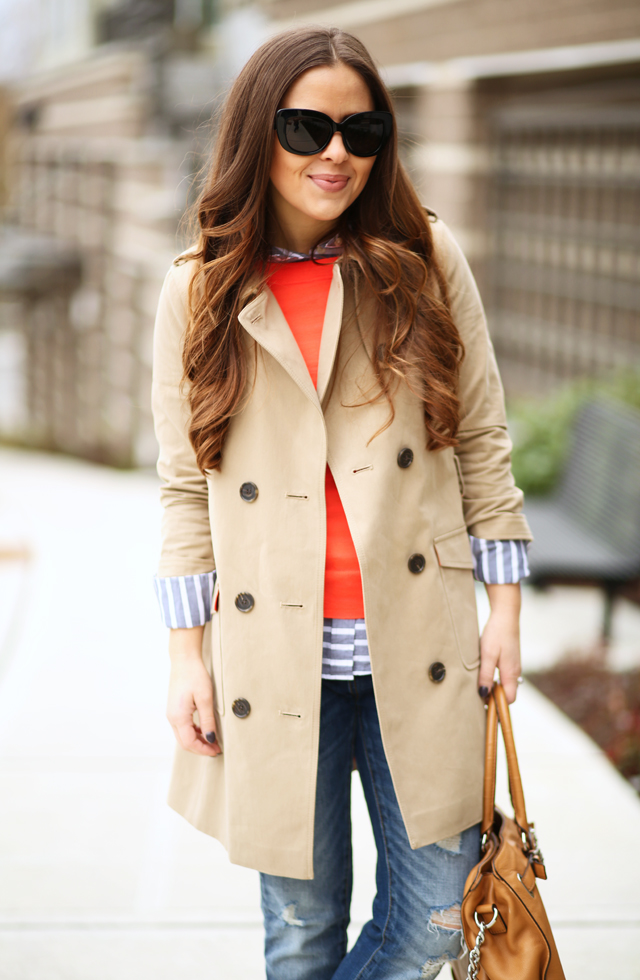 tan trench coat striped button up poppy sweater