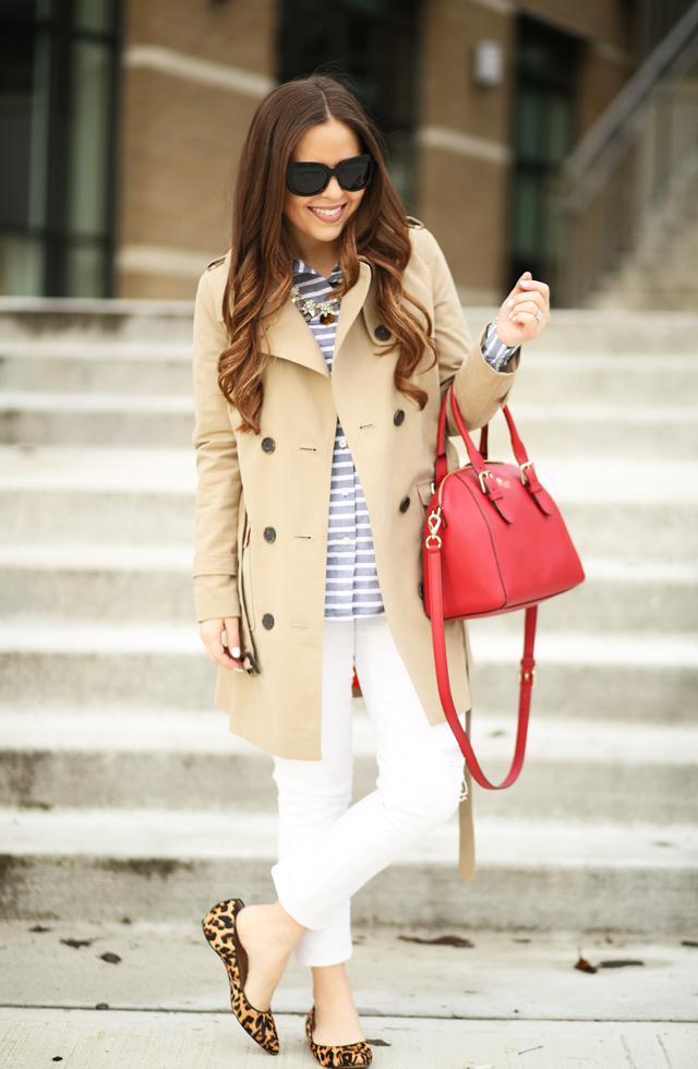 trench coat with white jeans and a striped shirt leopard shoes