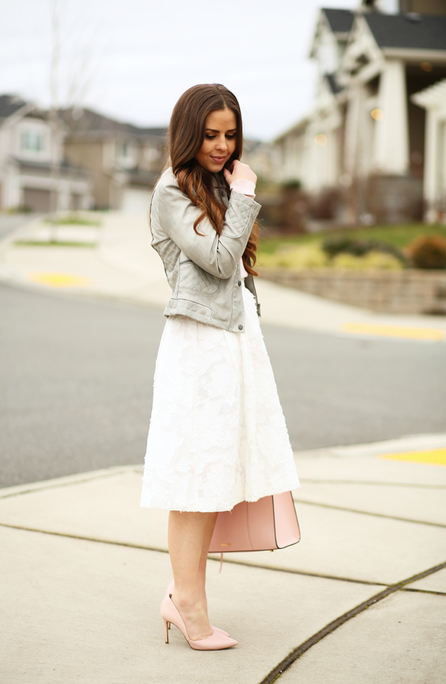 white midi skirt with gray leather jacket