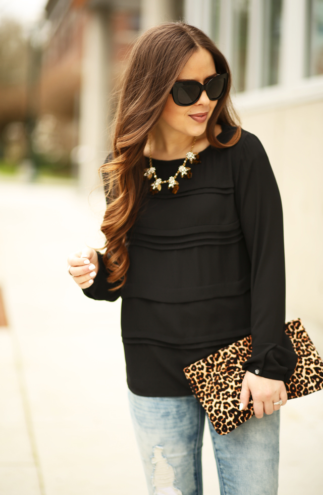 black blouse with pops of leopard
