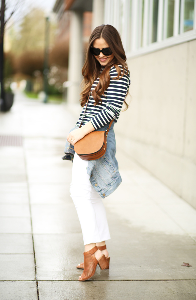 denim jacket striped navy shirt white jeans