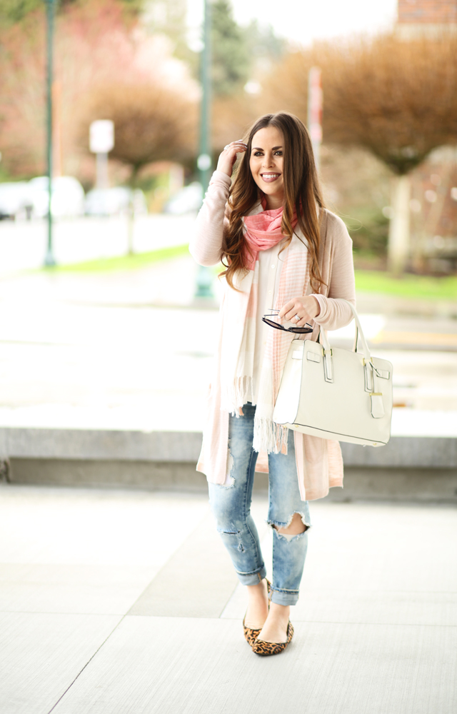 distressed jeans peach scarf pink sweater