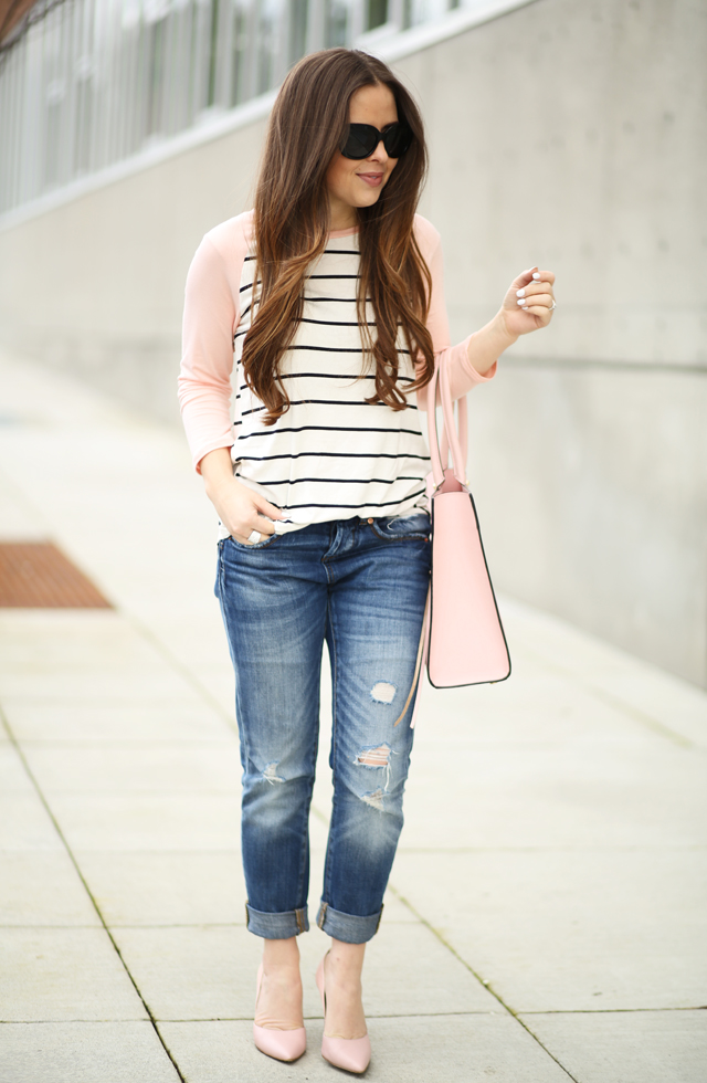 pink and navy casual spring outfit