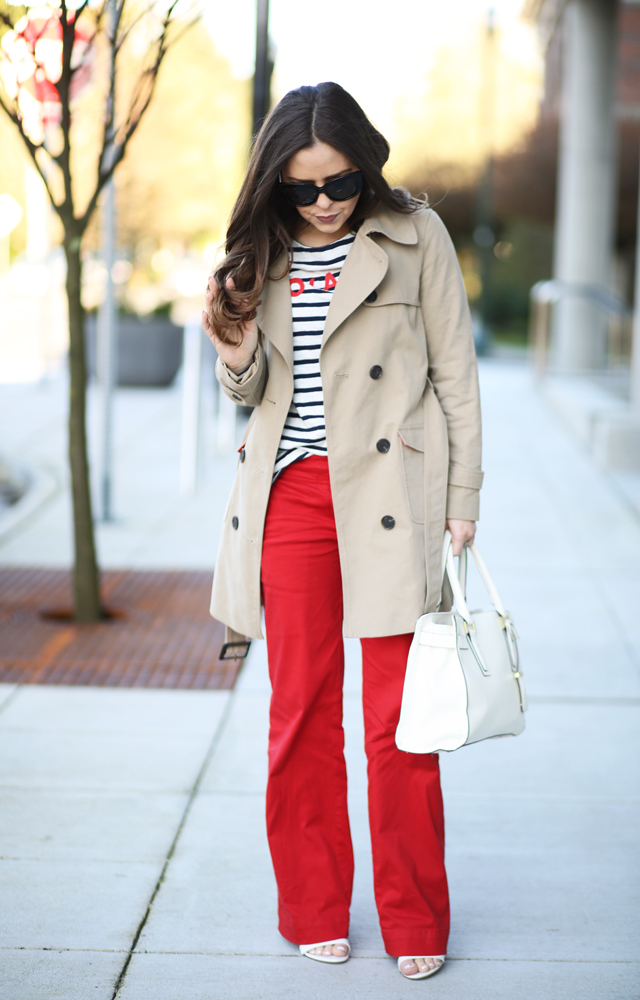 striped shirt wide leg red pants