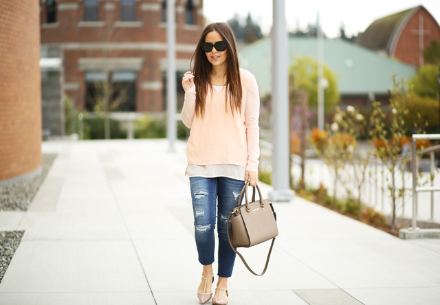 blush with a taupe bag