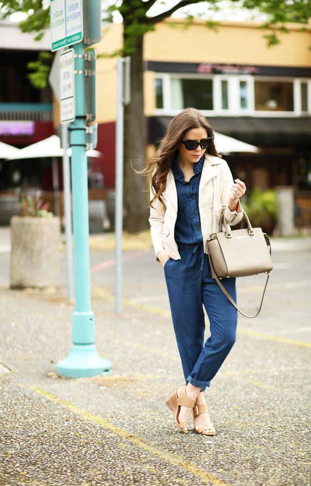 denim jumpsuit and white leather jacket