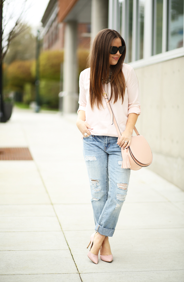 pink and ripped boyfriend jeans
