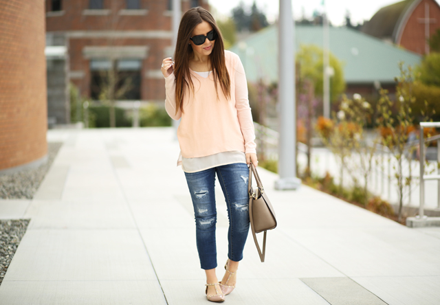ripped jeans pink layered top