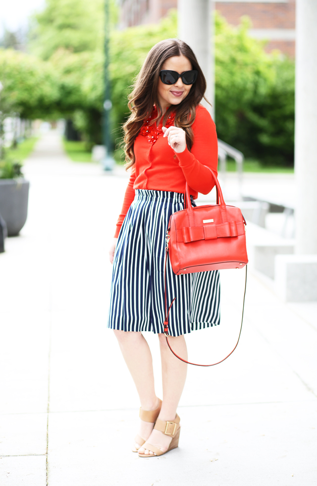 striped skirt red cardigan nude wedges