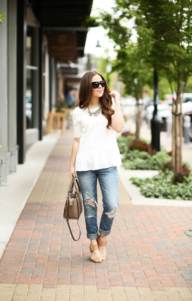 white peplum sweater with ruffle ripped jeans steve madden wedges michael kors bag