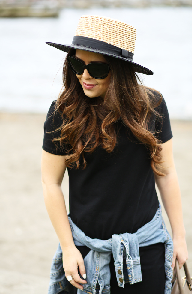 black hat with t-shirt dress and jean jacket