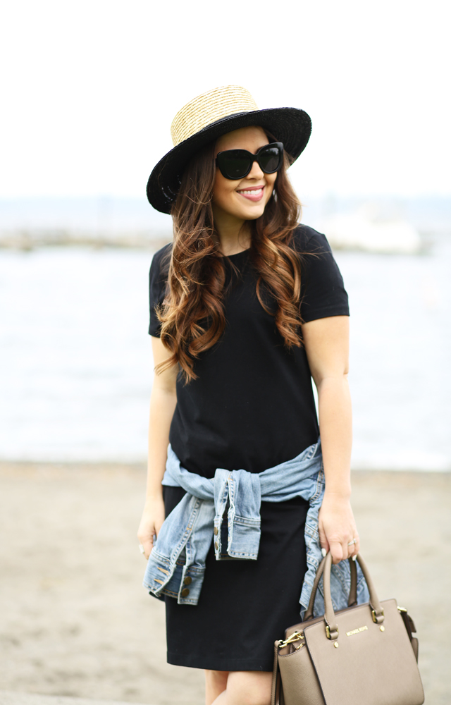 black t-shirt dress with straw sun hat