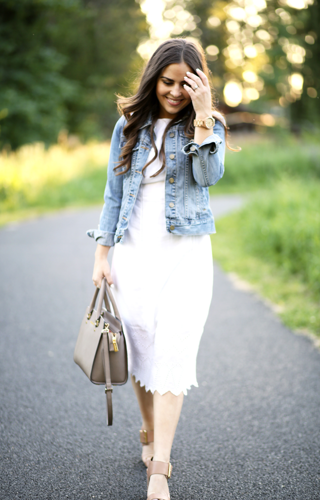 denim jacket and white dress