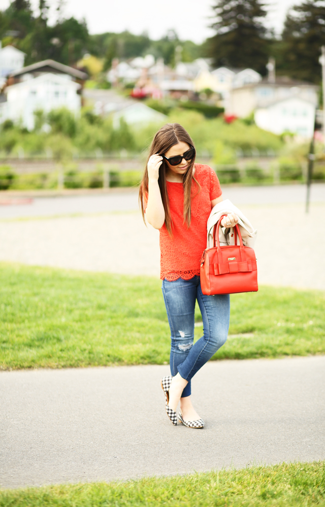 red lace top with gingham shoes