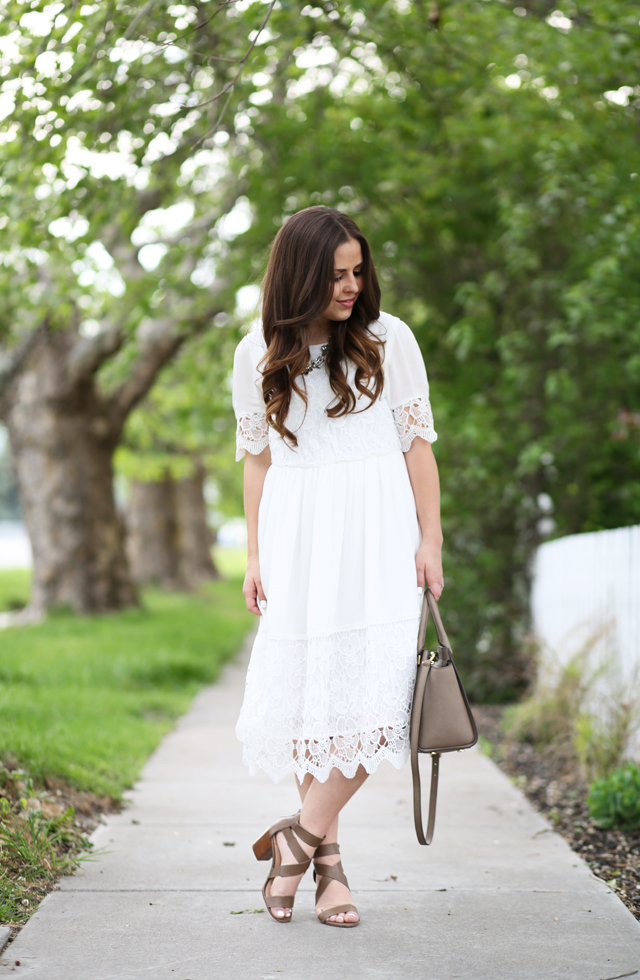 white lace dress with dune accents