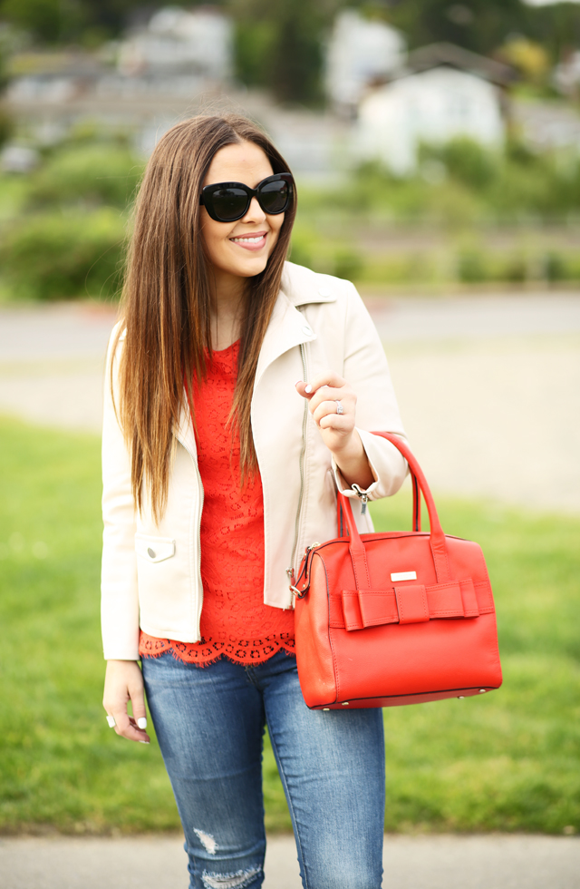 white leather jacket with a red lace top jcrew factory