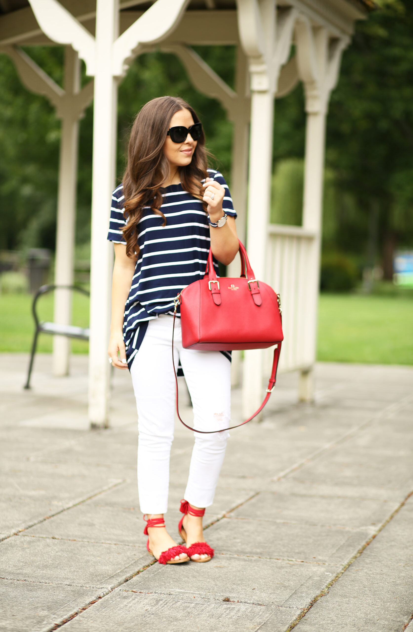 Blue white store and red outfit