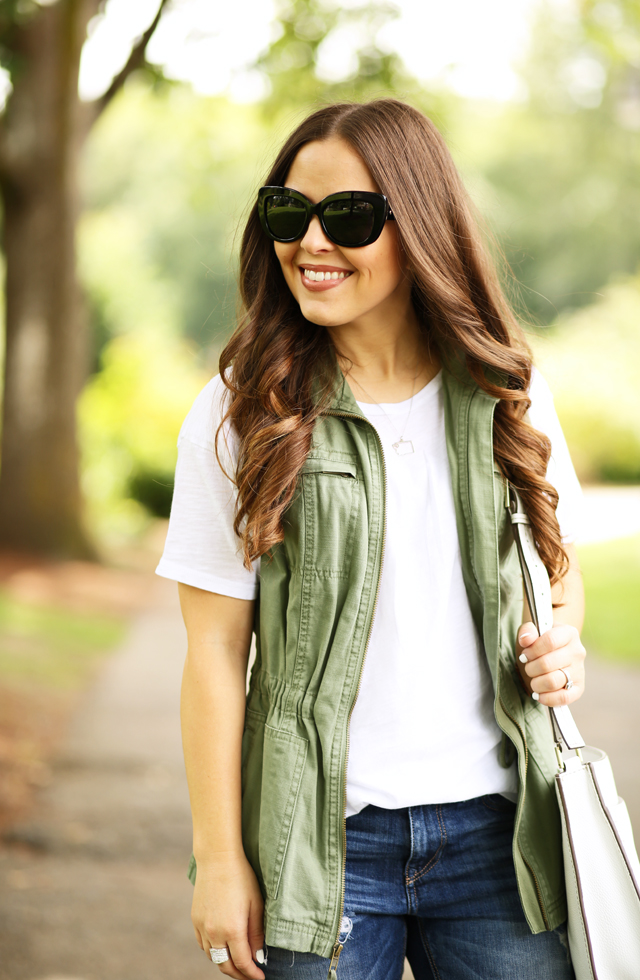 easy white tee and army green vest