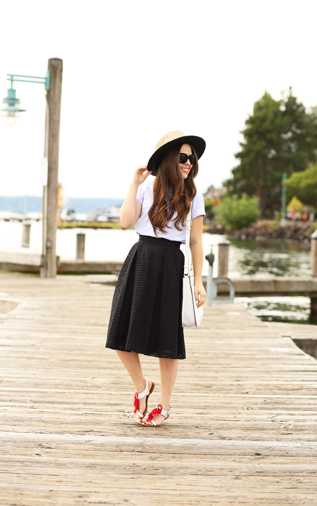 eyelet skirt with boater hat and kate spade charlie sandals