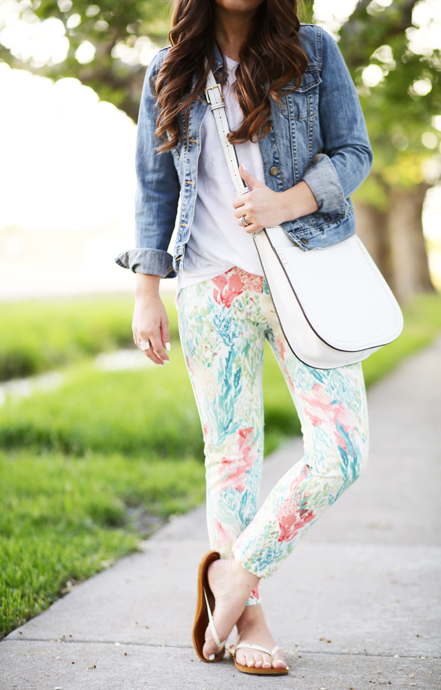 floral pants and a denim jacket