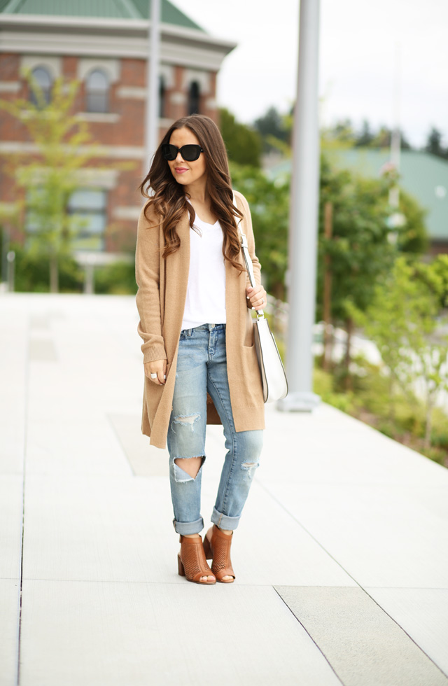 distressed jeans and a tan sweater from Nordstrom