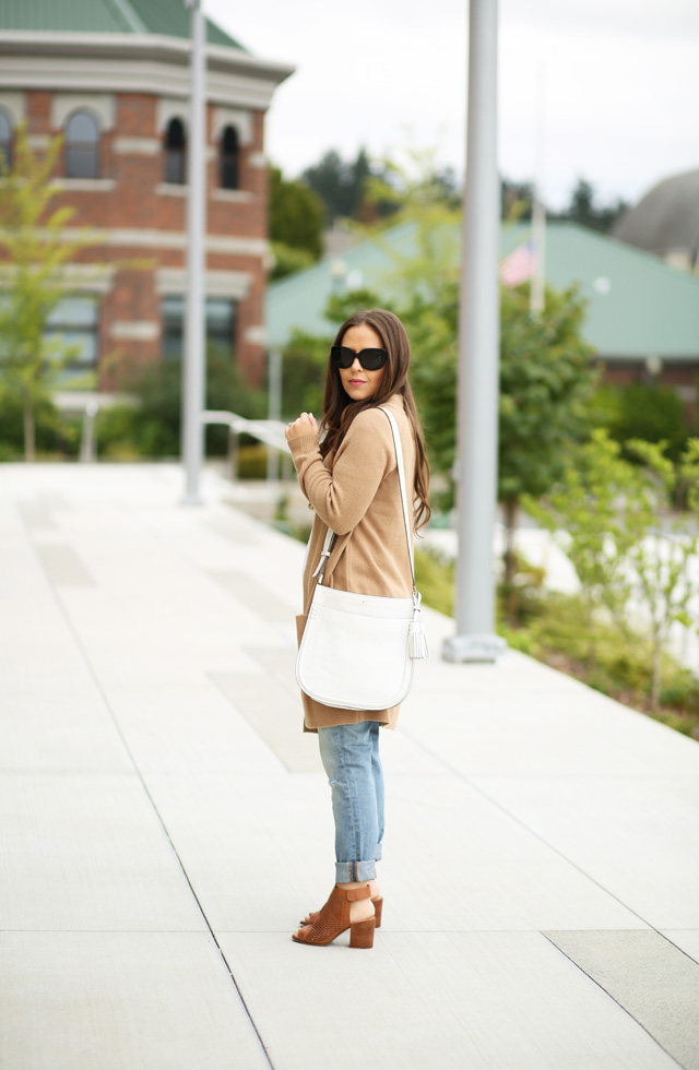 long tan sweater with open toe booties