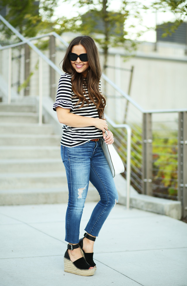 black and white striped ruffle sleeve top
