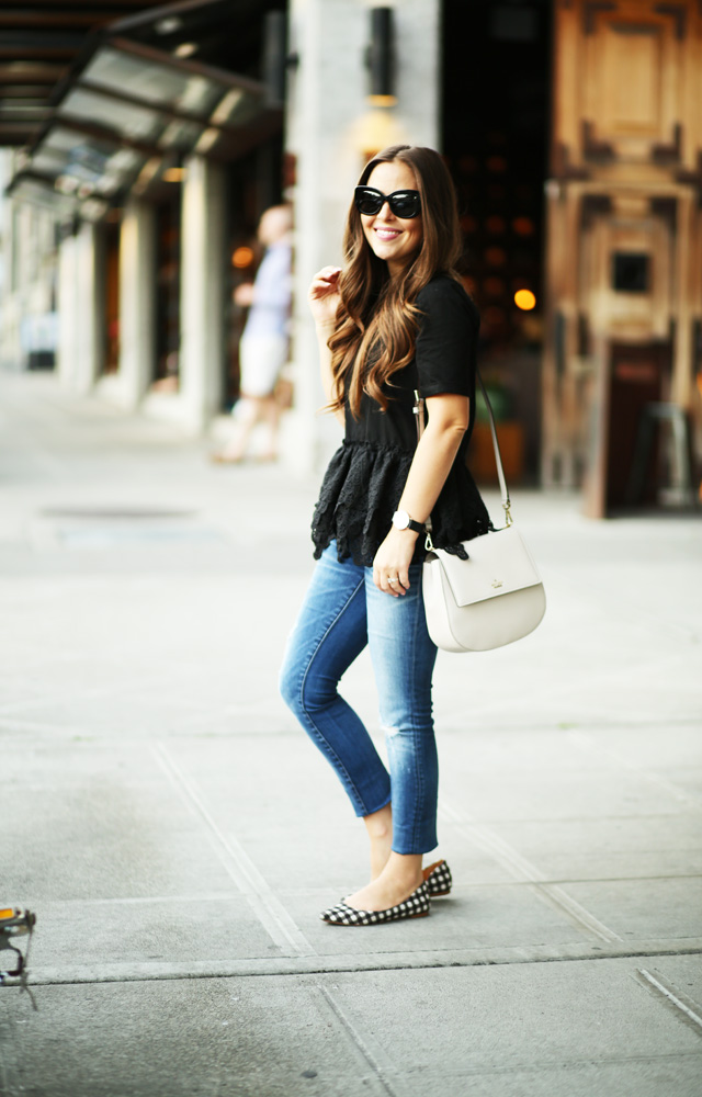 black lace top madewell jeans kate spade bag