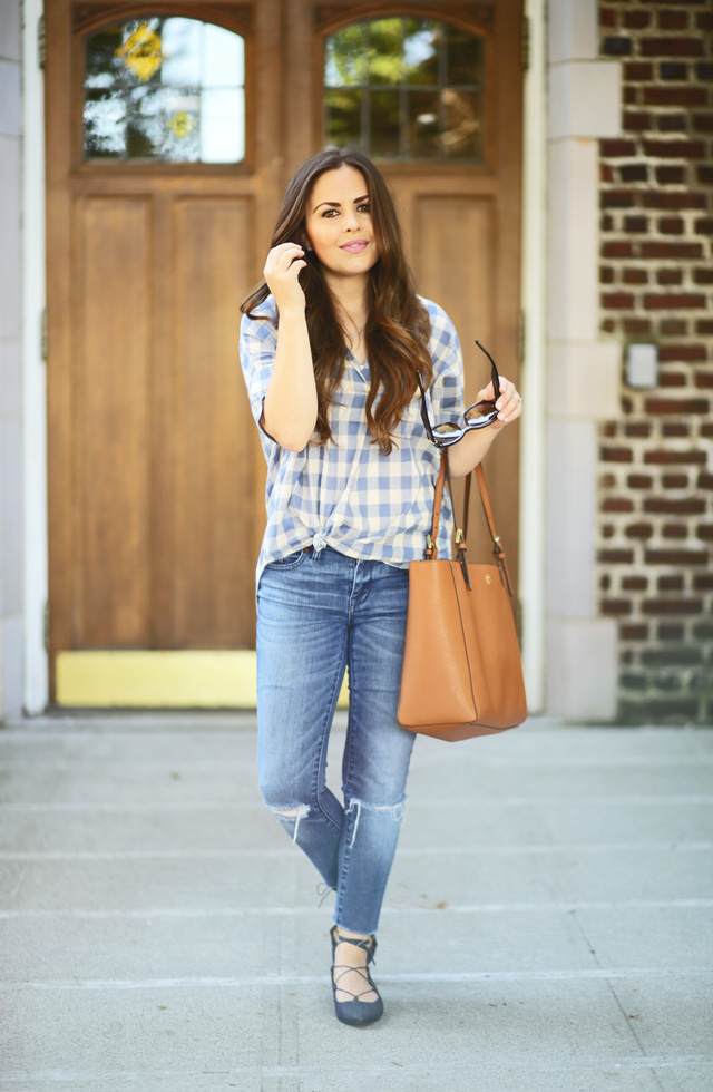 gingham shirt and madewell jeans