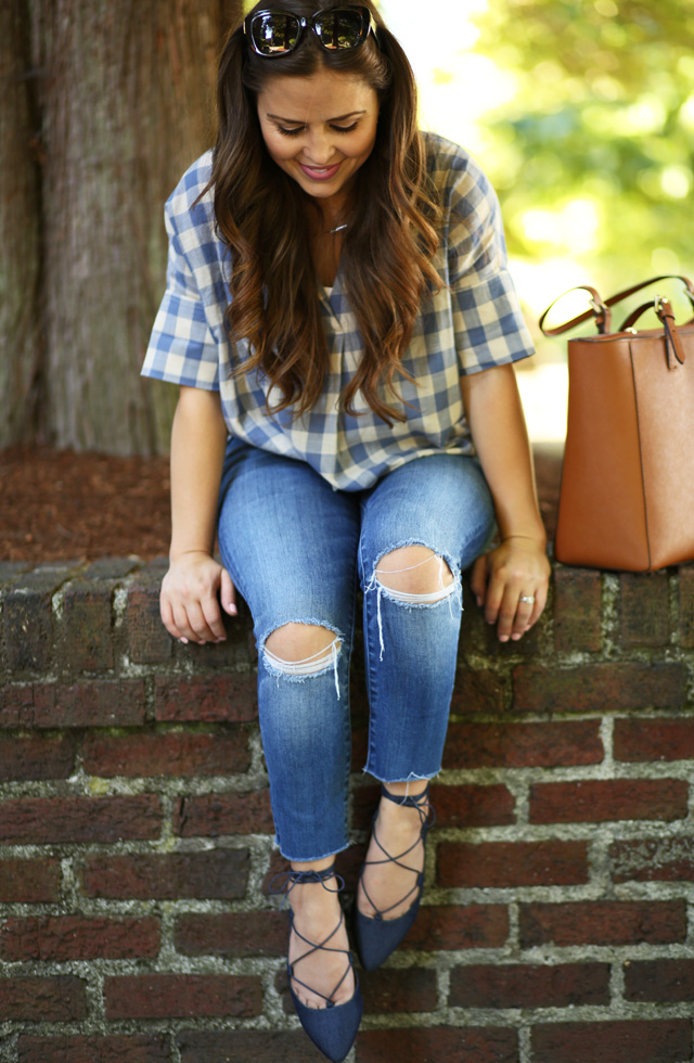 lace up shoes skinny jeans gingham shirt