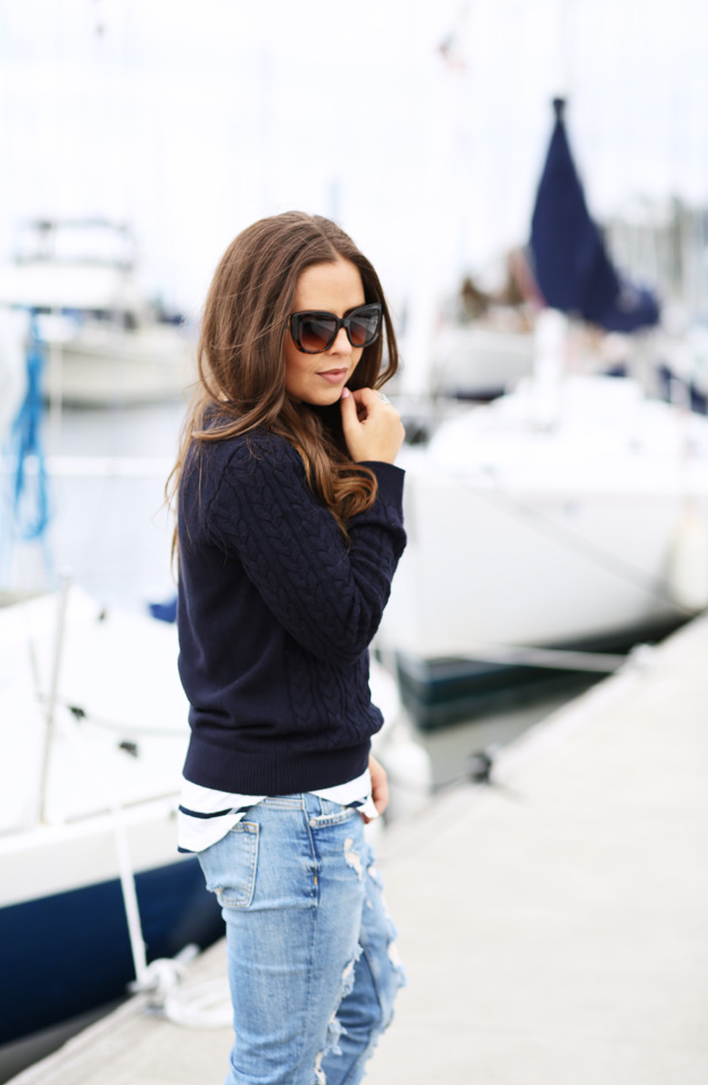 navy cable knit sweater striped shirt