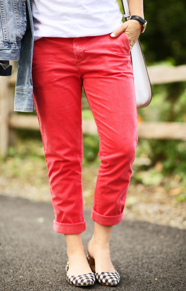 red pants gingham shoes