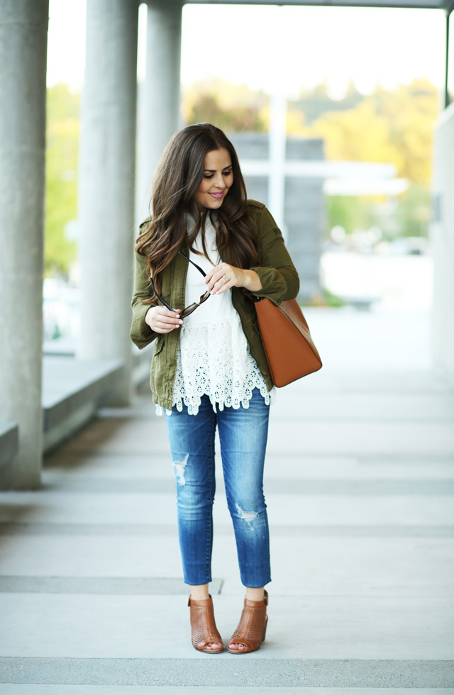 white lace peplum with a military jacket