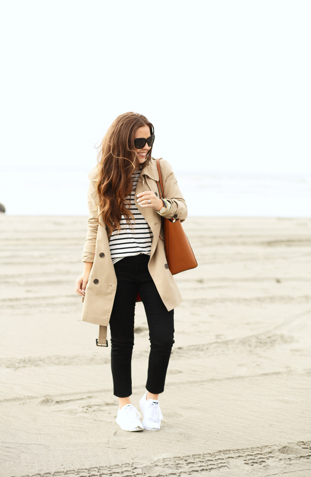 black-jeans-striped-shirt-trench-coat-tennis-shoes
