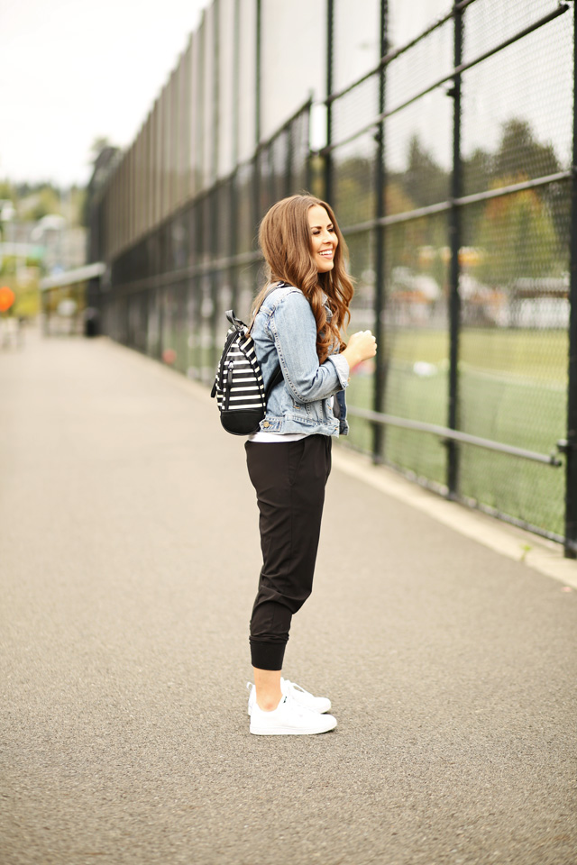 black joggers white adidas jean jacket