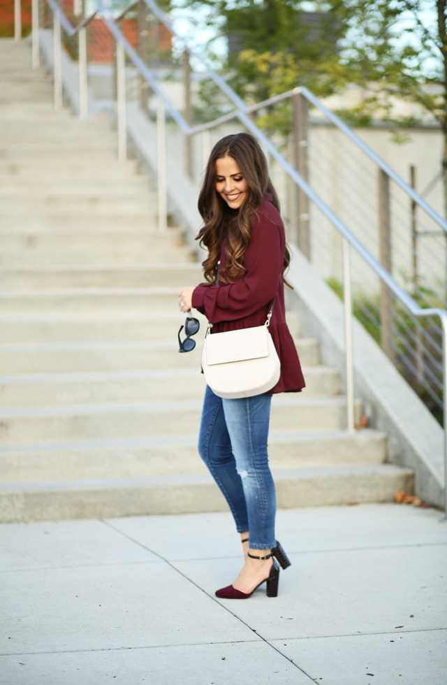 bordeaux peplum top with kate spade bag payless shoes