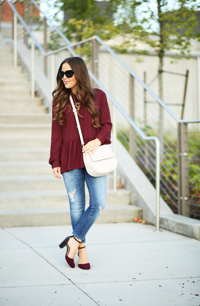 bordeaux peplum top with skinnies and payless shoes
