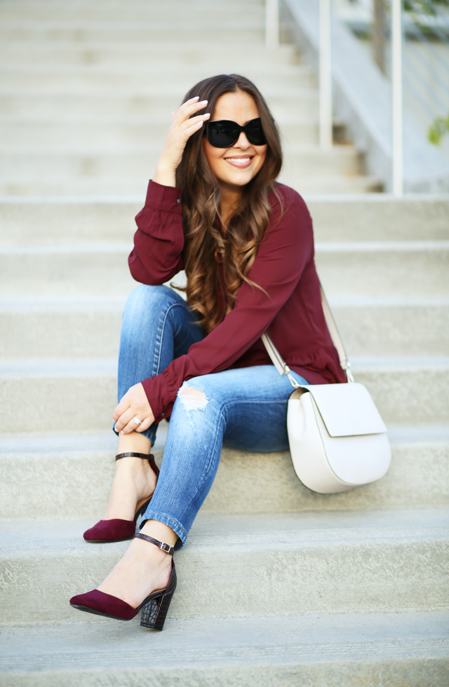deep maroon peplum top and matching shoes