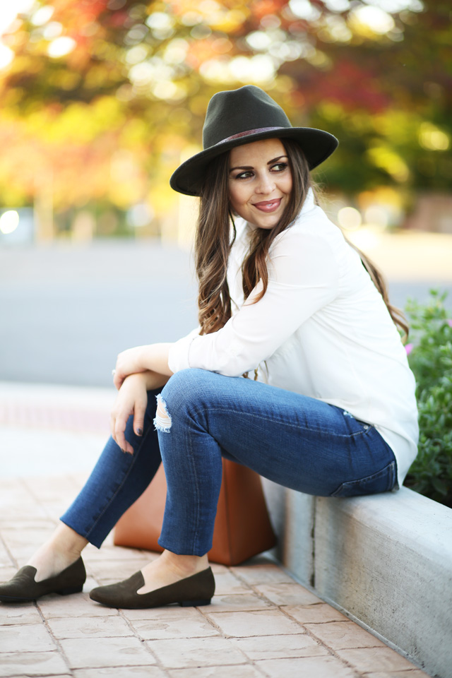 jeans-white-shirt-olive-green-hat-loafers - dress cori lynn