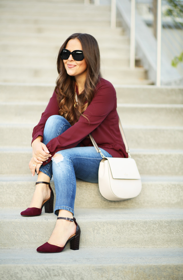 maroon blouse skinny jeans and payless shoes