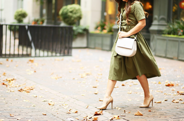 olive green dress with nude heels