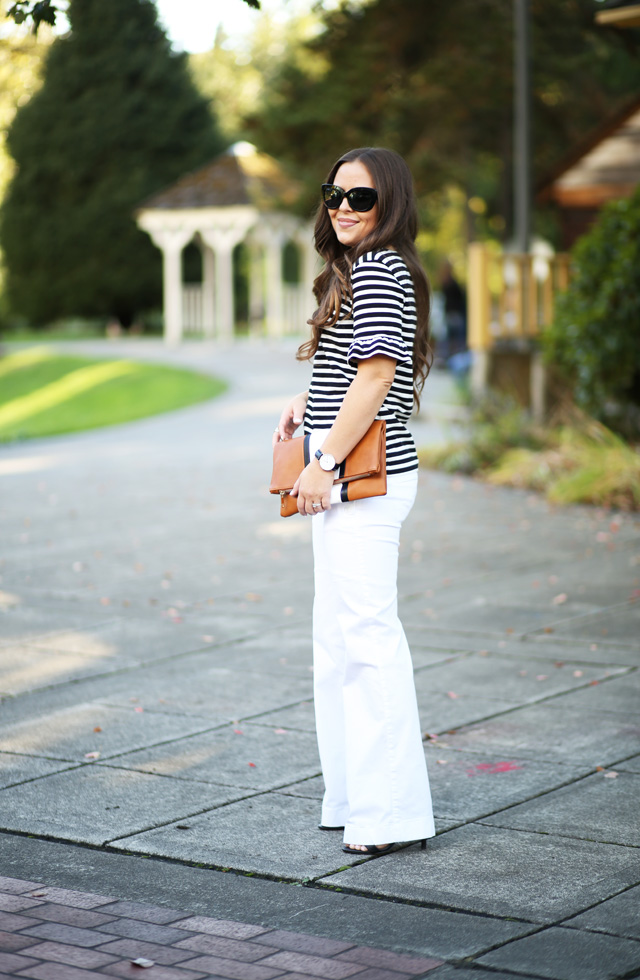 white wide leg pants colorblock clutch striped jcrew shirt