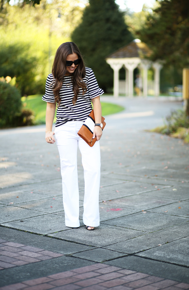 wide leg white pants with colorblock clutch stripes