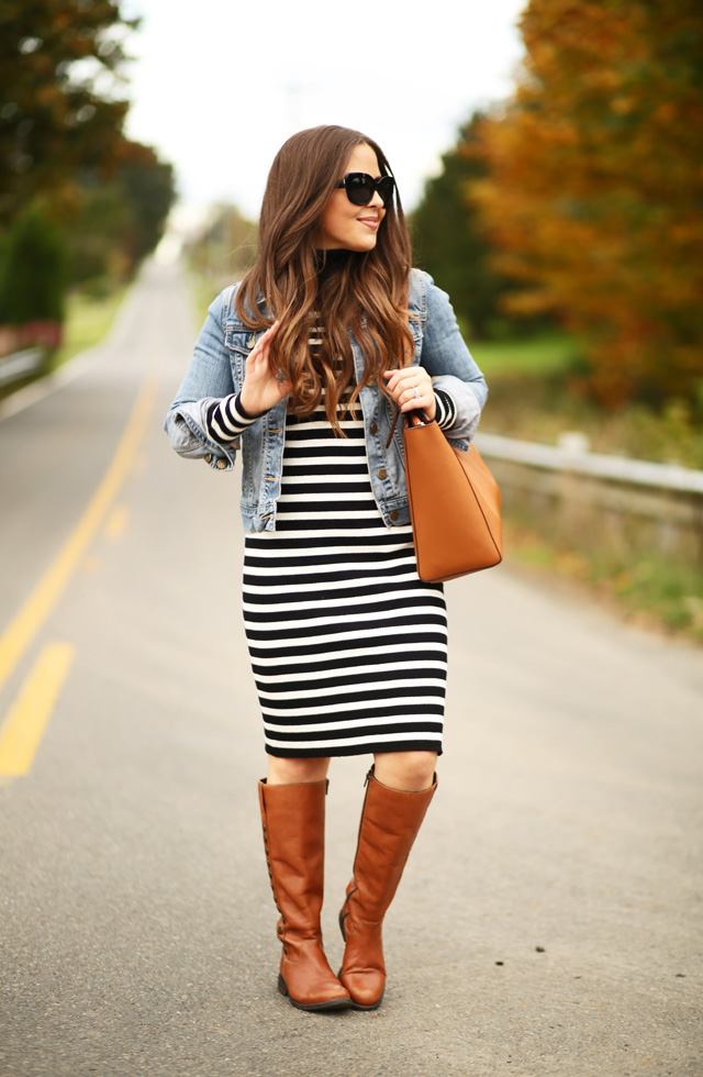 black-and-white-sweater-dress-with-denim-jacket