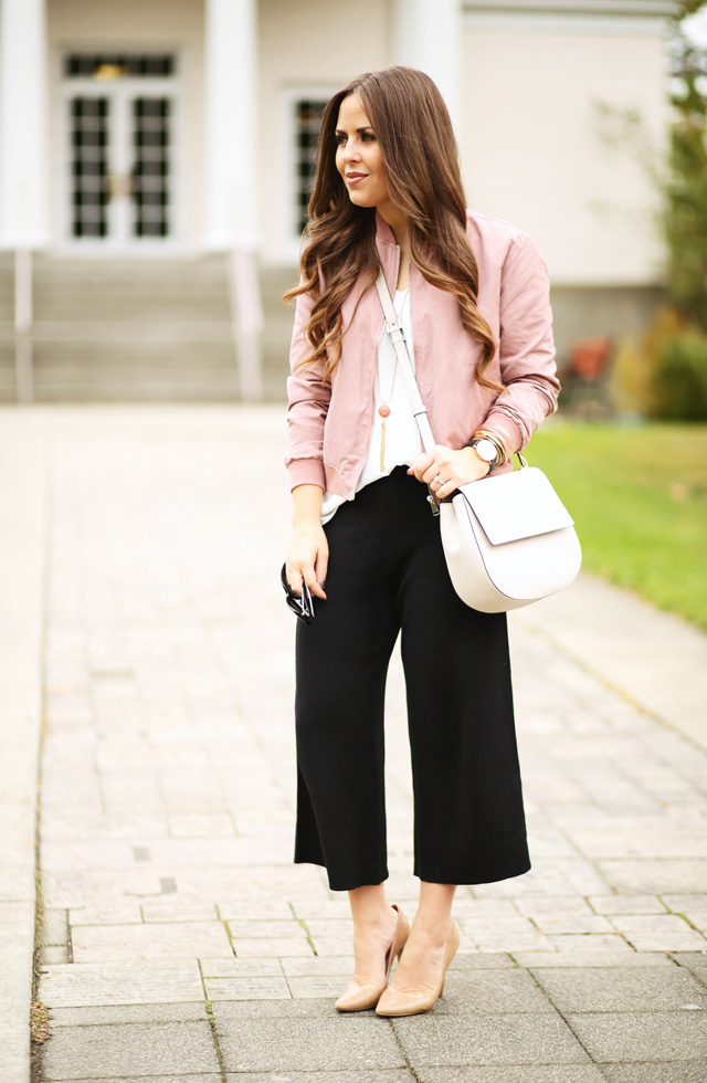 black-culottes-with-a-pink-bomber-jacket