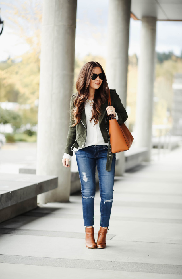 green suede jacket ag jeans and booties dress cori lynn